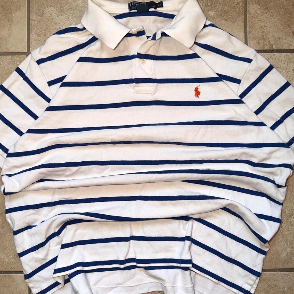Polo by Ralph Lauren White and Blue Striped Short Sleeve Polo with Orange Pony